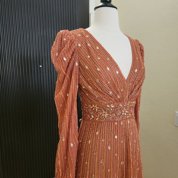 Mac Duggal 5593 Cognac Orange 4 Embellished V Neck Long Sleeve Evening Dress - Picture 5 of 15